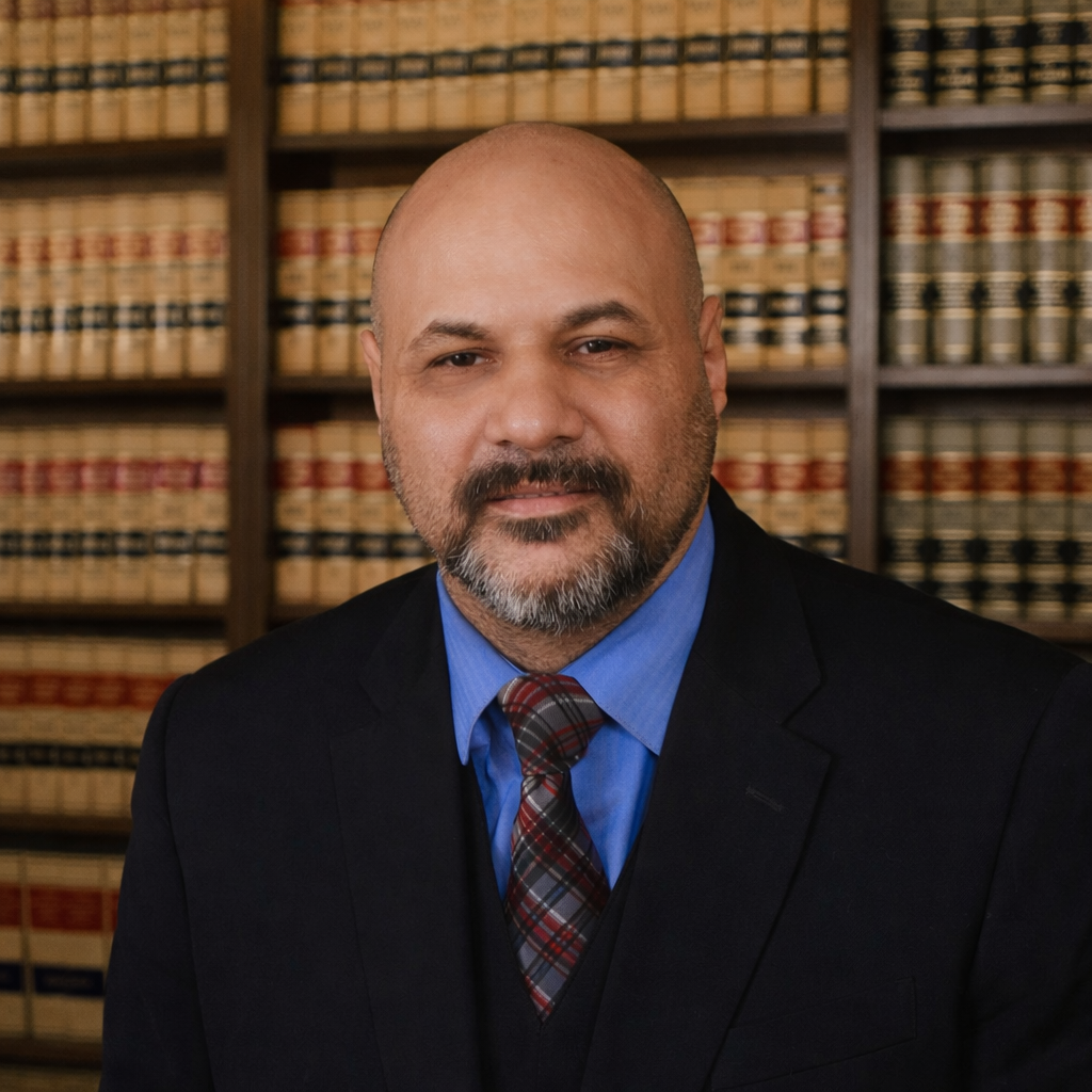 Professional man in business attire posing in front of law library shelves with legal books