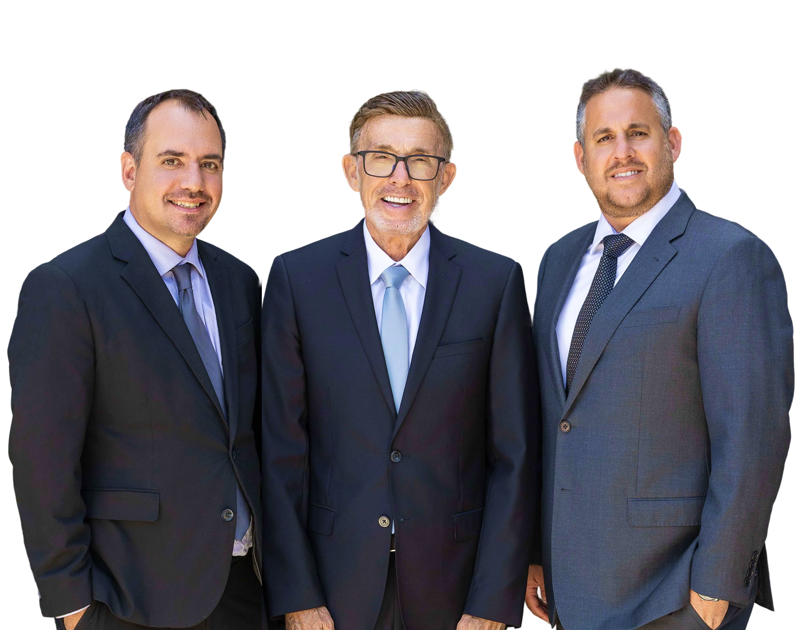 Professional headshot of three smiling businessmen in dark suits and ties against a white background.