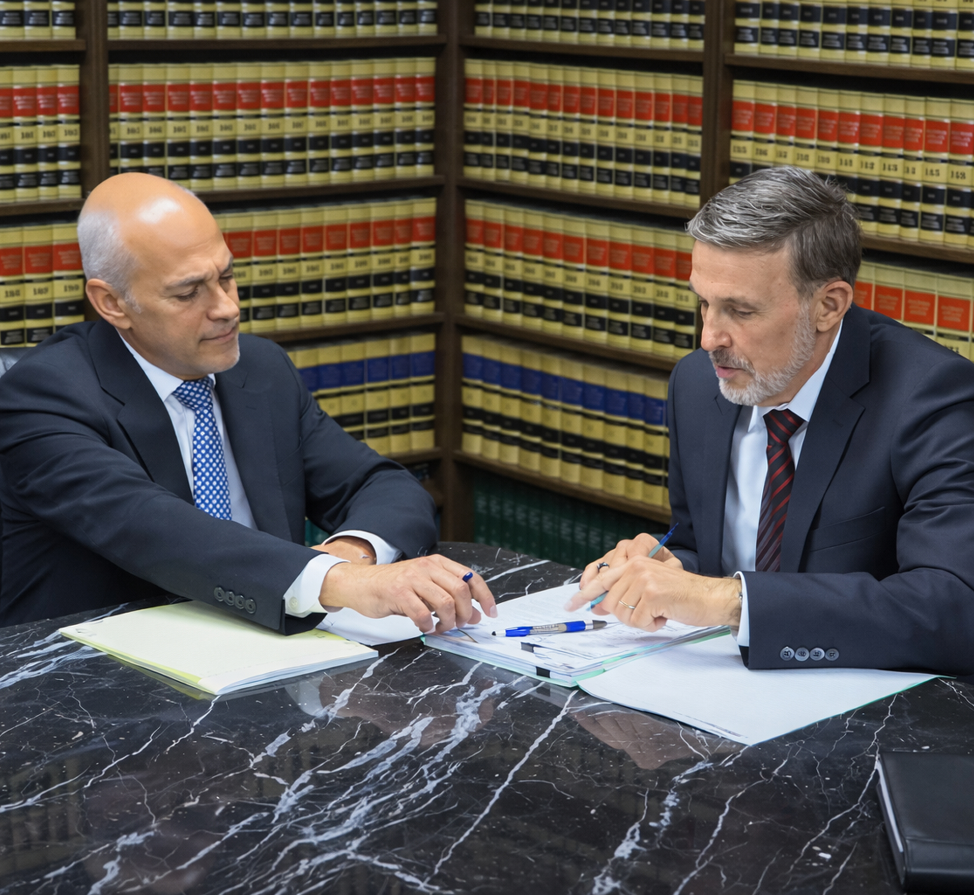 Two lawyers reviewing documents at a desk in a law library with legal books in background.