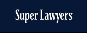 Super Lawyers logo featuring white serif text on dark blue background, professional legal directory branding.