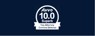 Avvo 10.0 Superb rating badge for top criminal defense attorney with excellent client reviews and credentials.