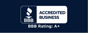 BBB Accredited Business logo with A+ rating on dark blue background