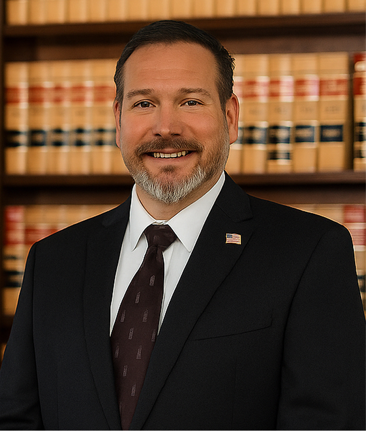Professional headshot of man in suit with law books background