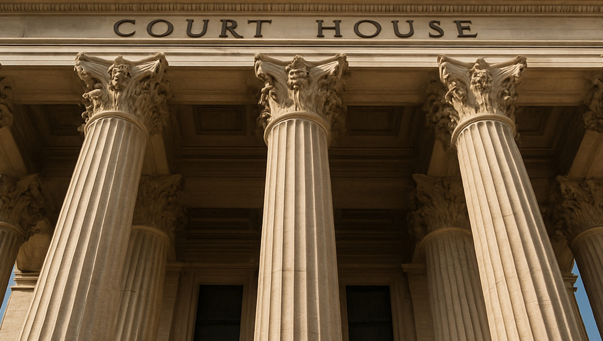 Classical court house facade with three tall fluted columns featuring ornate Corinthian capitals and stone architecture.